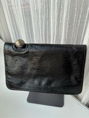 VTG Eva Italy Black Crinkle Leather Clutch Bag Indie Sleaze Y2K Moto Grunge Goth